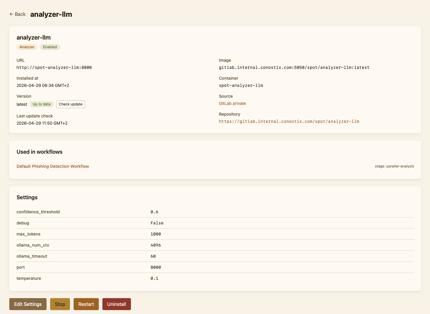 Installed detail page after installation, with status chip and Edit Settings action