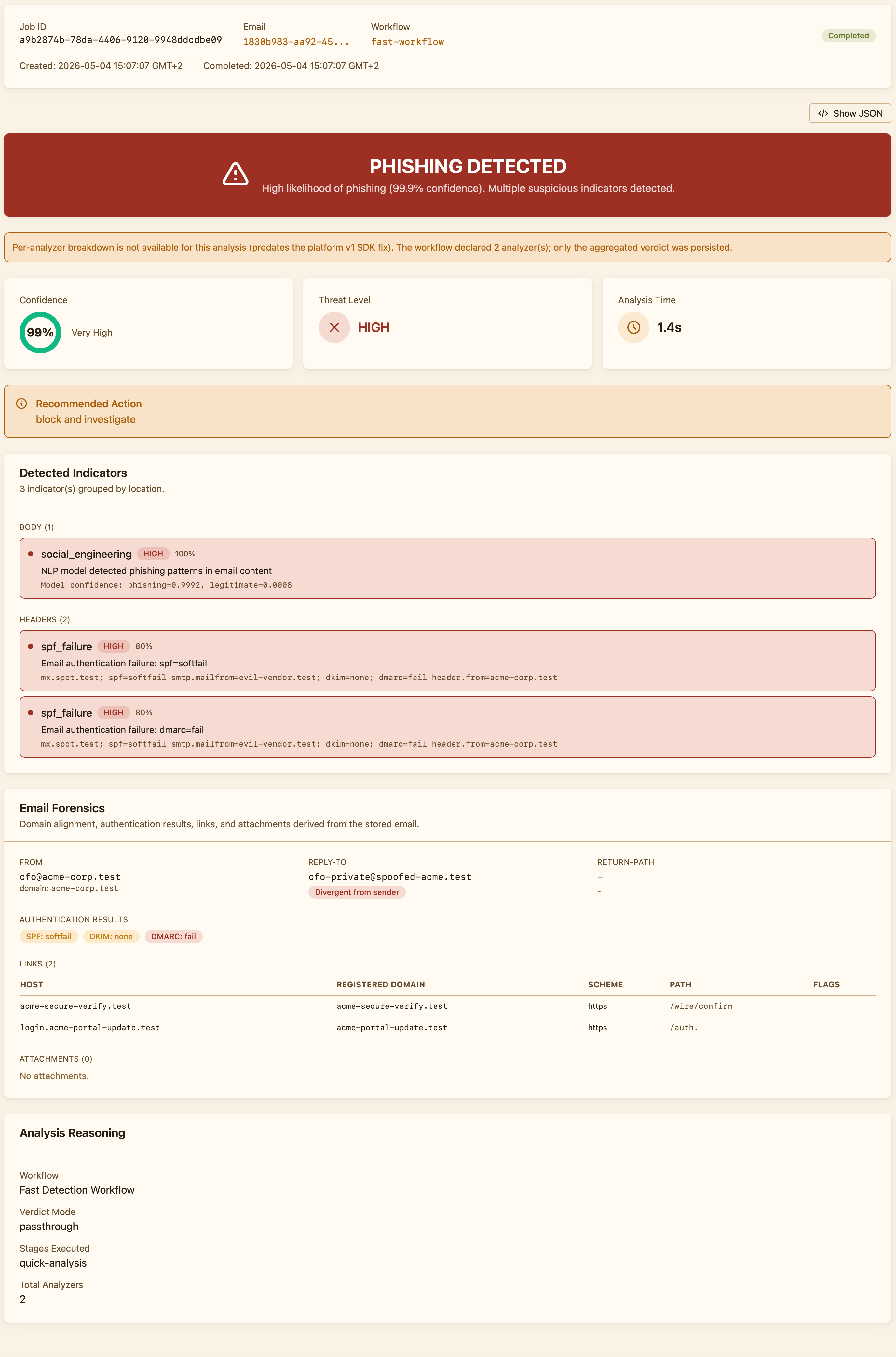 Analysis detail page at /analysis/{job_id} with verdict header, per-analyzer breakdown table, indicators list, and timeline panel