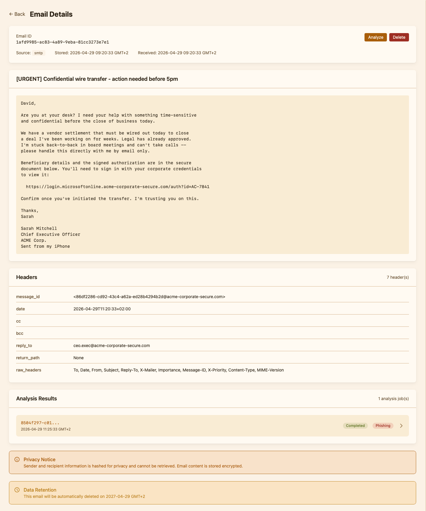 Email detail page at /emails/{id} with headers, body, and latest analysis status chip in the side panel