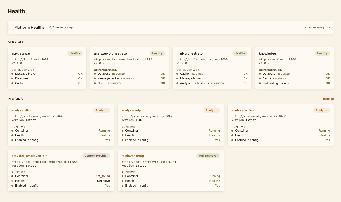 Health overview at /health/overview with each service as a row, healthy ones green, and an unhealthy one expanded to show the last error